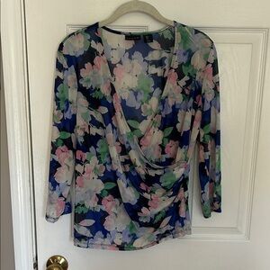 Tahari Blue and Pink Floral Blouse